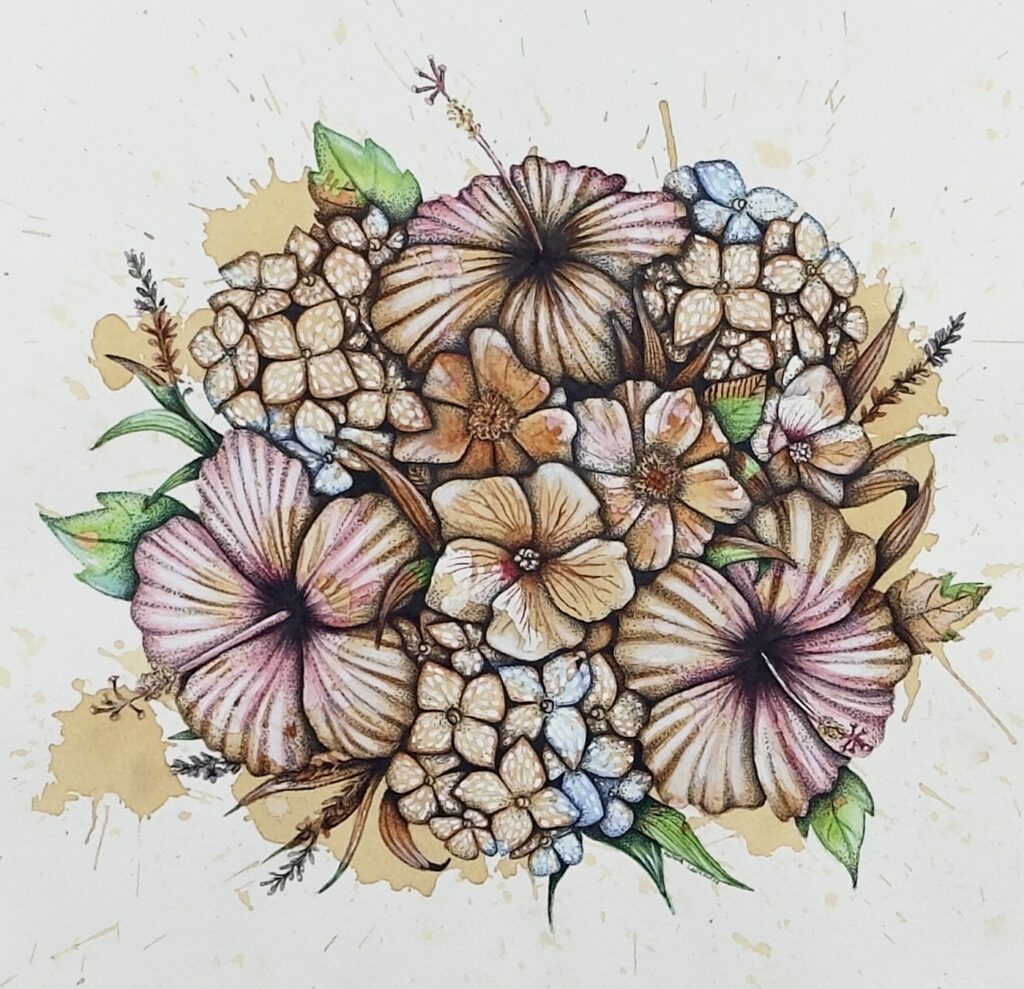 Brewed Botanica, mixed media on paper, Hanna Rae 